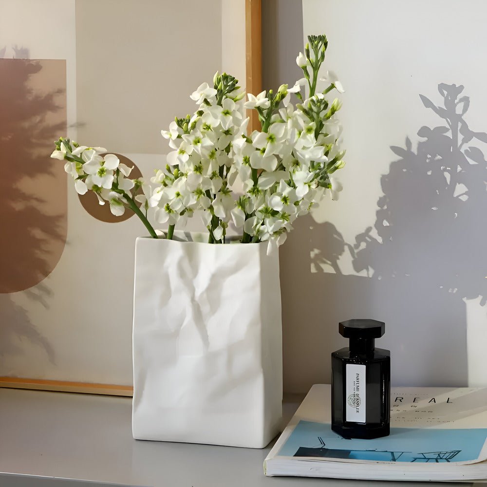 Minimalist Ceramic Flower Vase Crumpled Paper Look Front