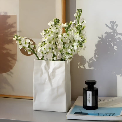 Minimalist Ceramic Flower Vase Crumpled Paper Look Front