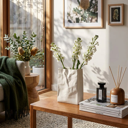 Minimalist Ceramic Flower Vase Crumpled Paper Look Hero