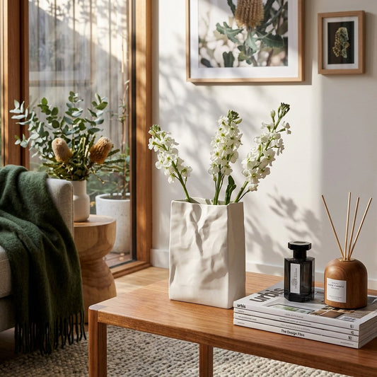 Minimalist Ceramic Flower Vase Crumpled Paper Look Hero