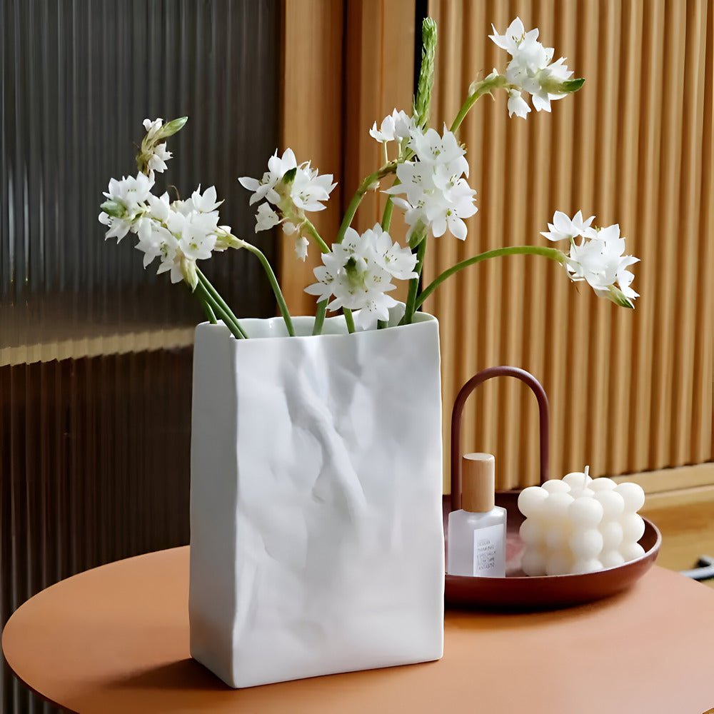 Minimalist Ceramic Flower Vase Crumpled Paper Look Side