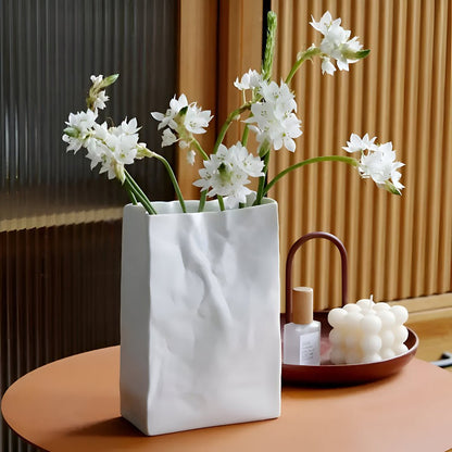 Minimalist Ceramic Flower Vase Crumpled Paper Look Side