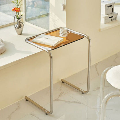 Minimalist Tempered Glass Iron Side Table C-Frame Alternate