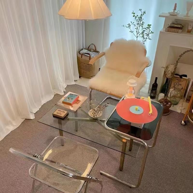 Minimalist Tempered Glass Iron Side Table C-Frame Angle