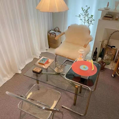 Minimalist Tempered Glass Iron Side Table C-Frame Angle