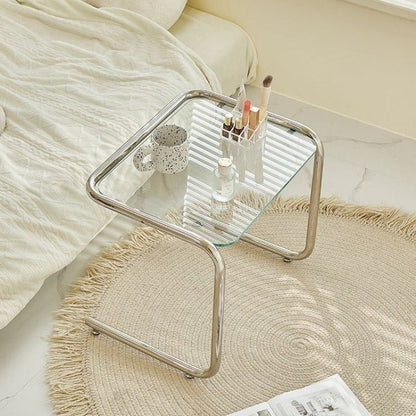 Minimalist Tempered Glass Iron Side Table C-Frame Close Up
