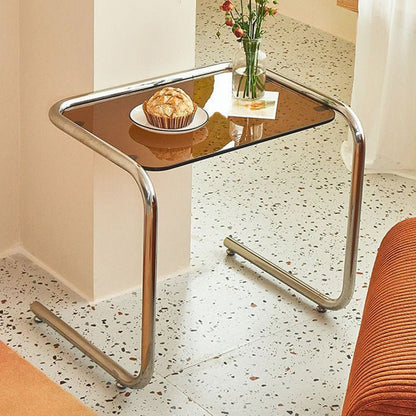 Minimalist Tempered Glass Iron Side Table C-Frame Detail