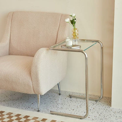 Minimalist Tempered Glass Iron Side Table C-Frame Front