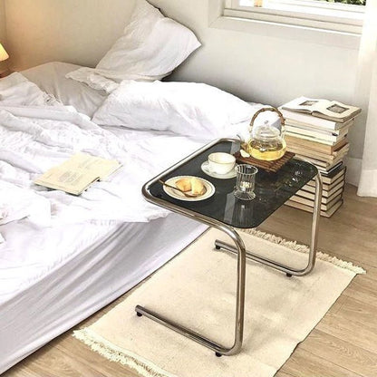 Minimalist Tempered Glass Iron Side Table C-Frame Full