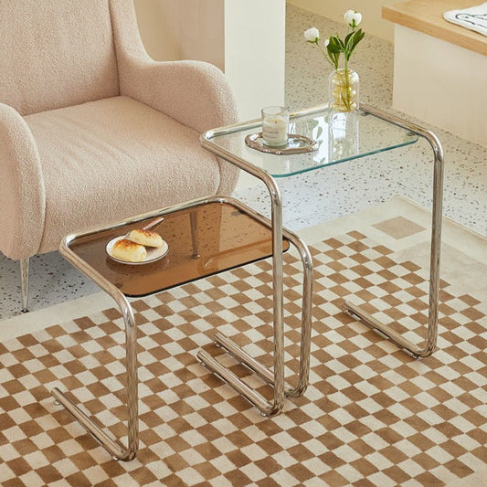 Minimalist Tempered Glass Iron Side Table C-Frame Hero