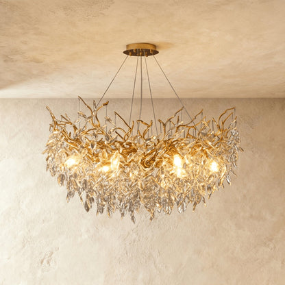 Modern Crystal Chandelier Gold Leaf Wreath LED Close Up