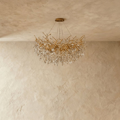 Modern Crystal Chandelier Gold Leaf Wreath LED Front