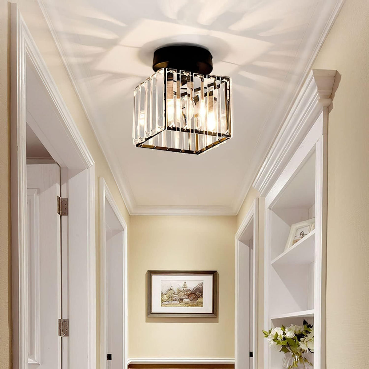 Modern Crystal Flush Mount Ceiling Light Cube Shade Detail