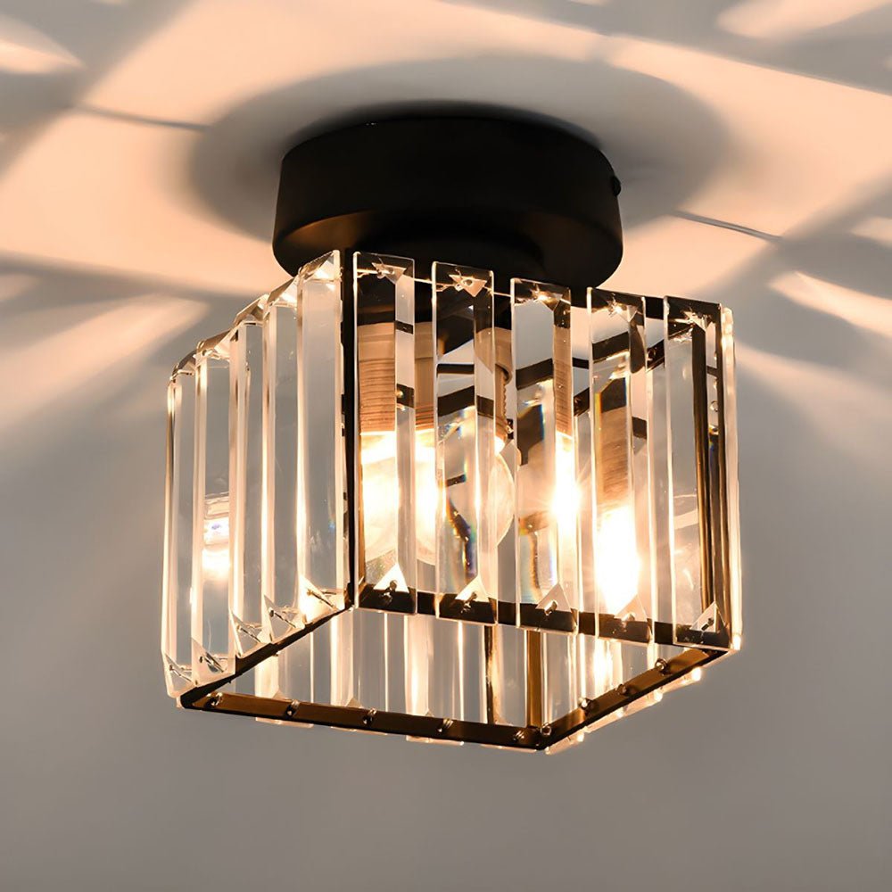 Modern Crystal Flush Mount Ceiling Light Cube Shade Front