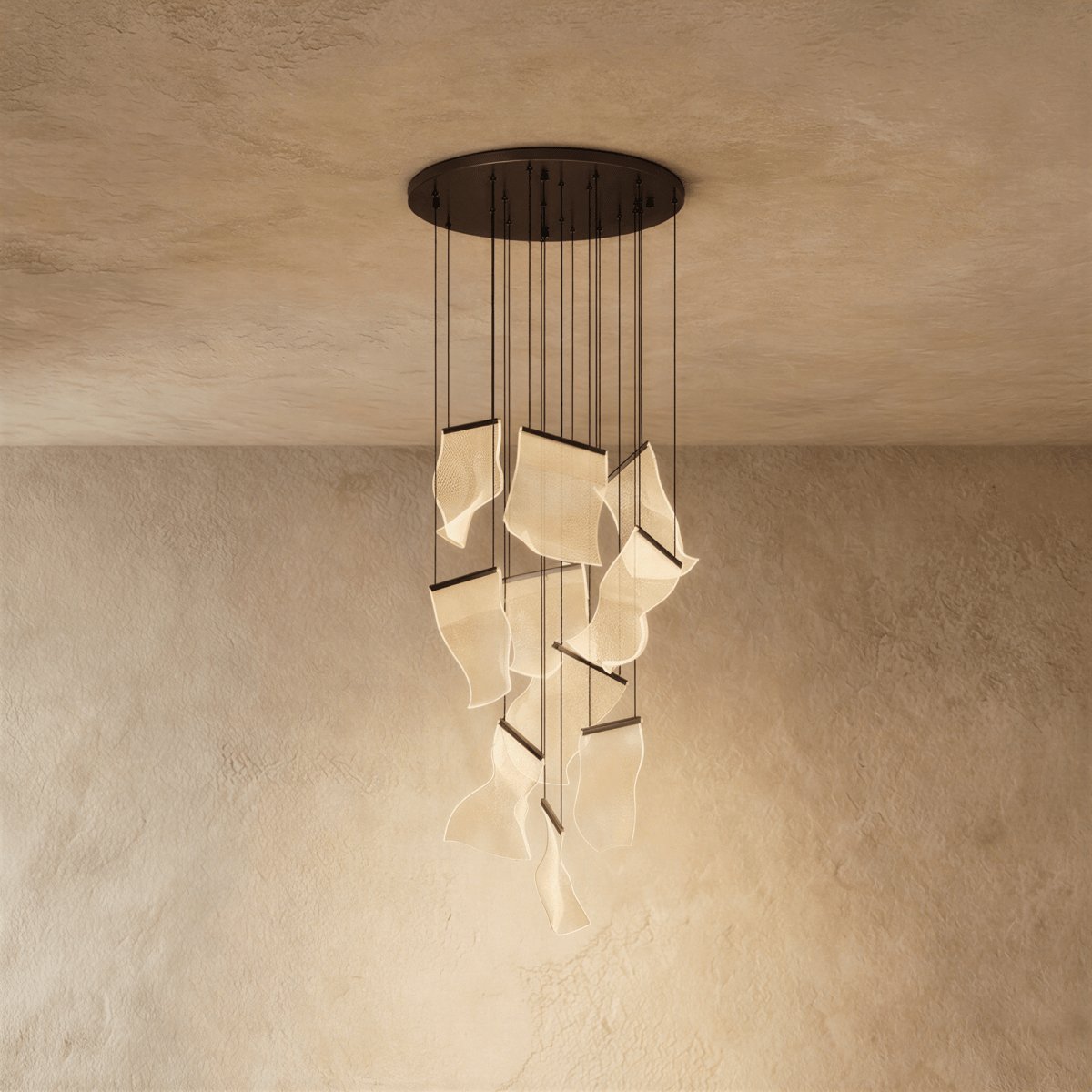 Modern Metal Round Ceiling Mount Chandelier Cascading Panels Alternate