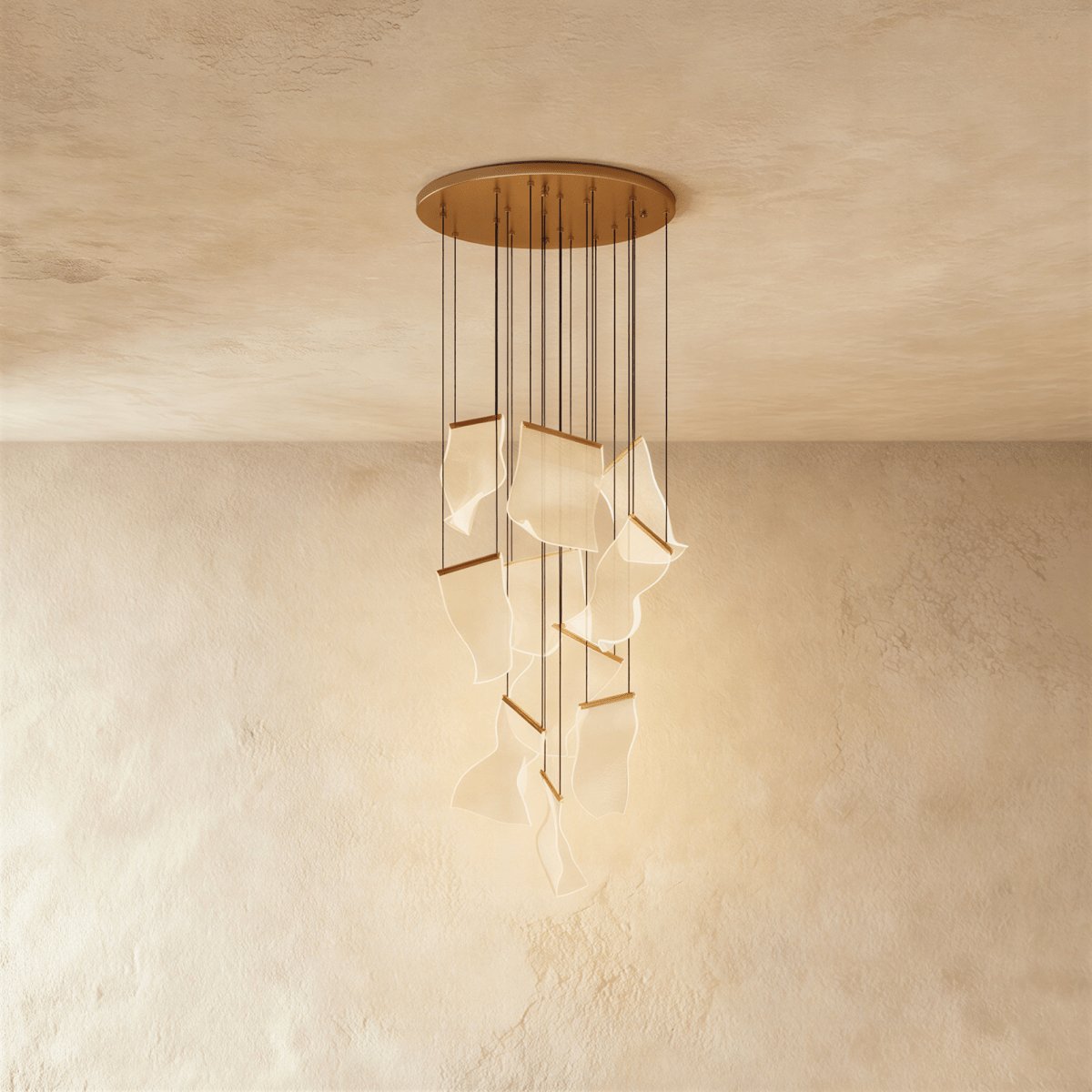 Modern Metal Round Ceiling Mount Chandelier Cascading Panels Angle