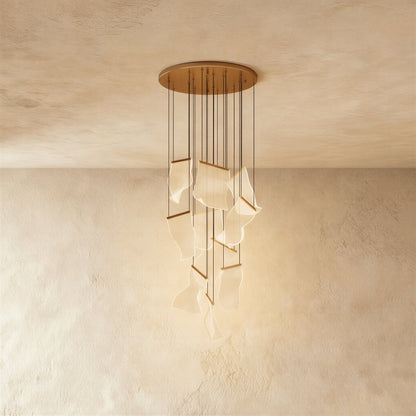 Modern Metal Round Ceiling Mount Chandelier Cascading Panels Angle