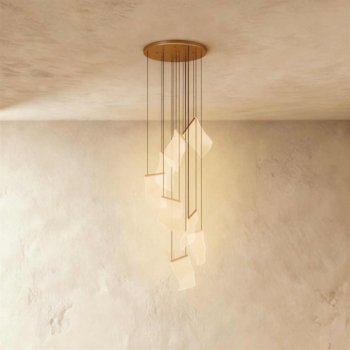 Modern Metal Round Ceiling Mount Chandelier Cascading Panels Back