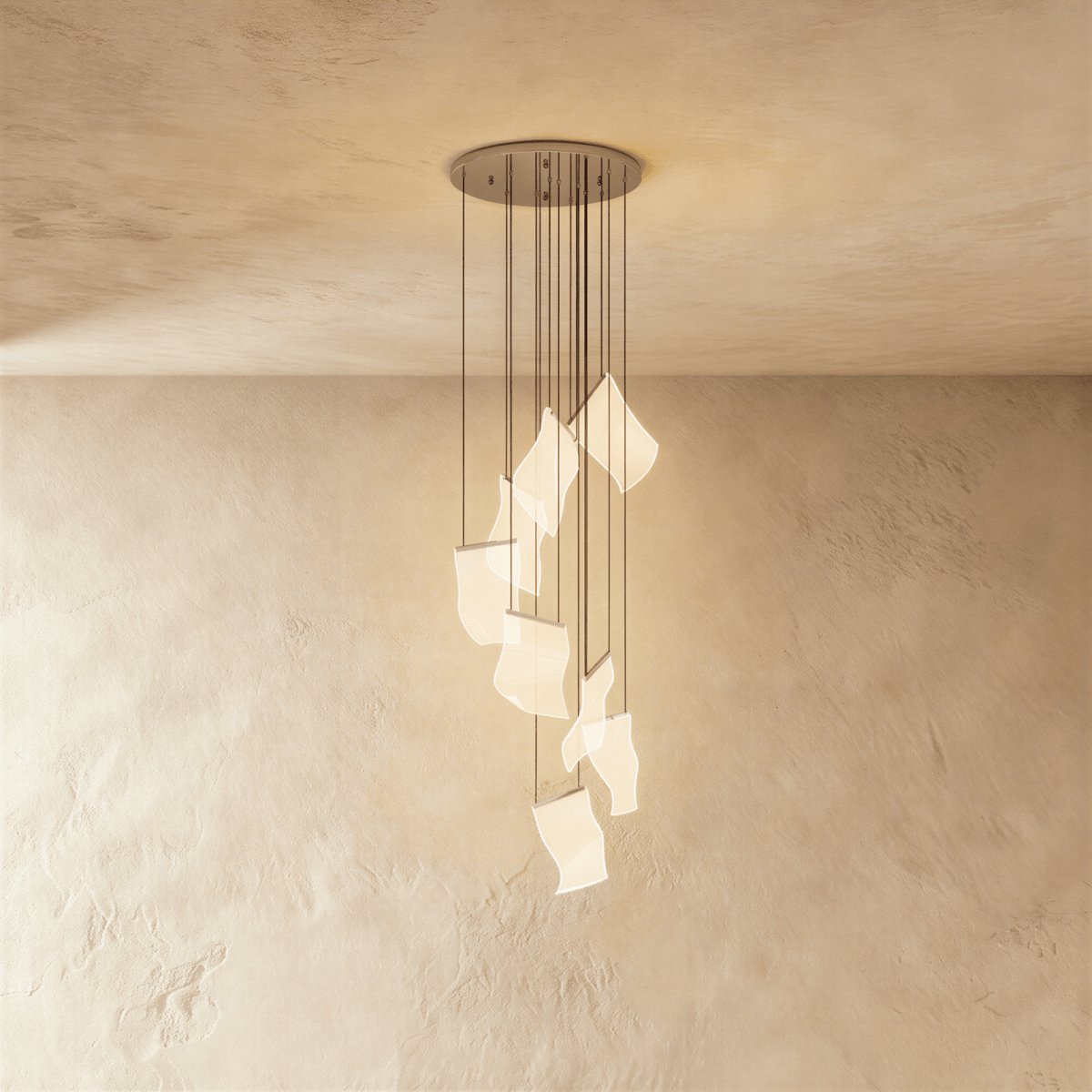 Modern Metal Round Ceiling Mount Chandelier Cascading Panels Close Up