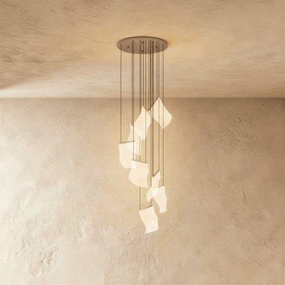 Modern Metal Round Ceiling Mount Chandelier Cascading Panels Close Up