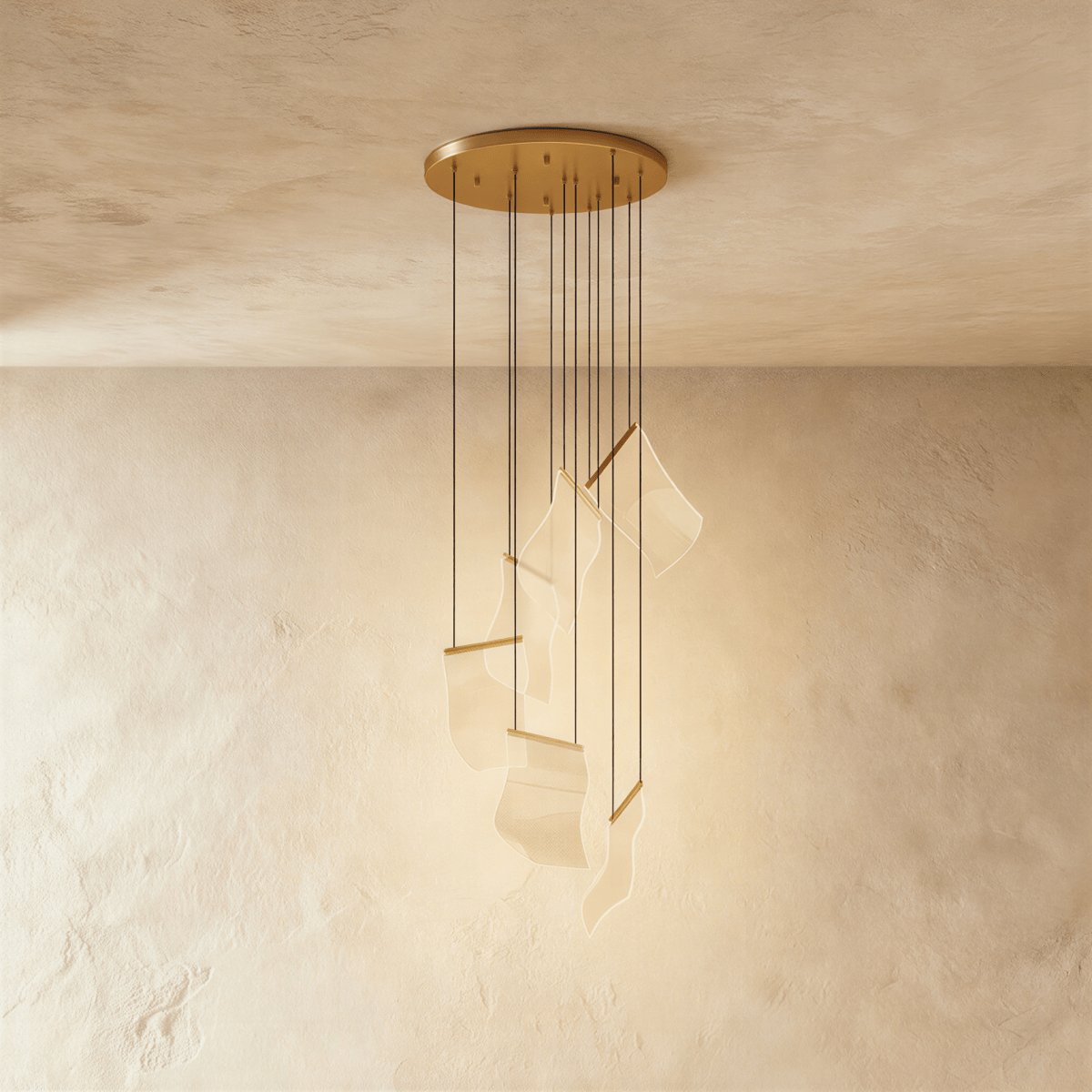 Modern Metal Round Ceiling Mount Chandelier Cascading Panels Hero