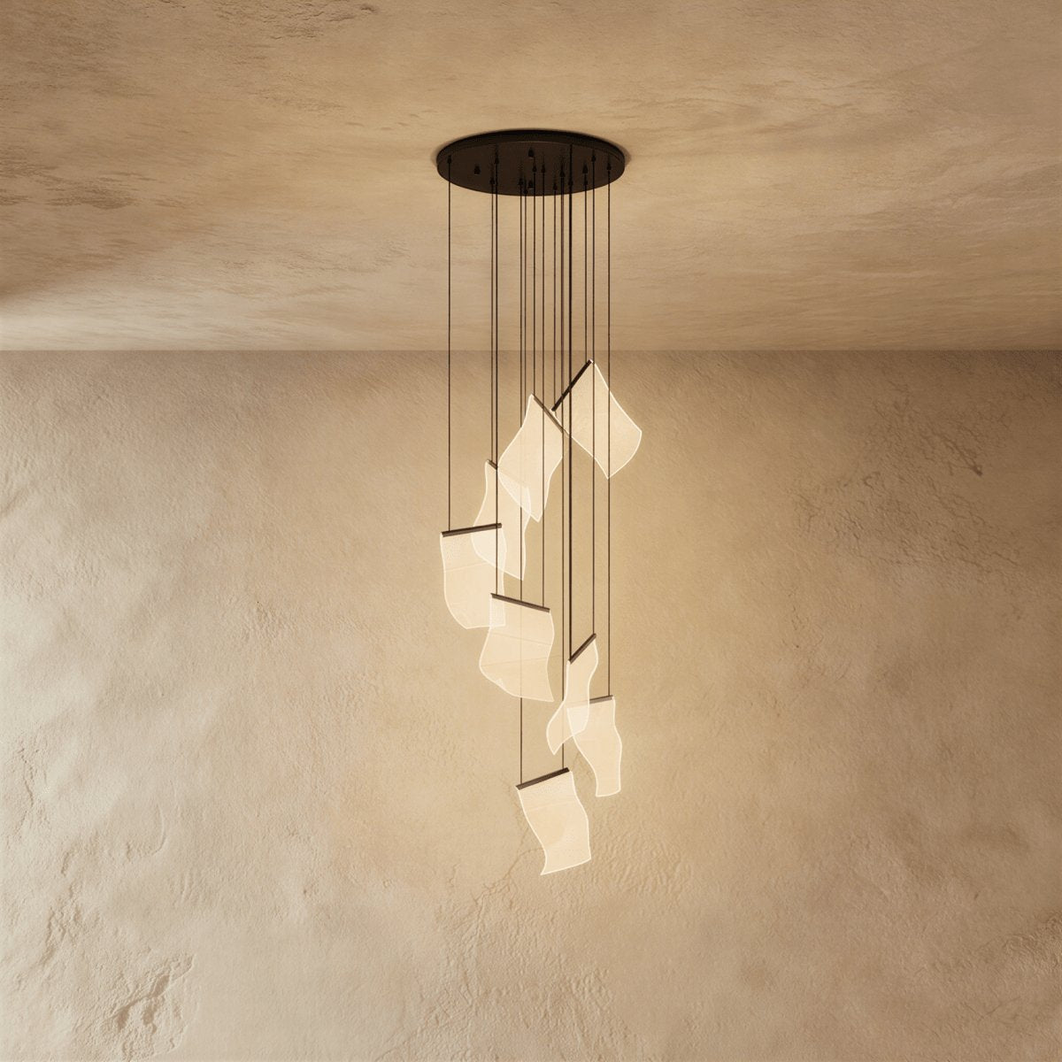 Modern Metal Round Ceiling Mount Chandelier Cascading Panels Lifestyle