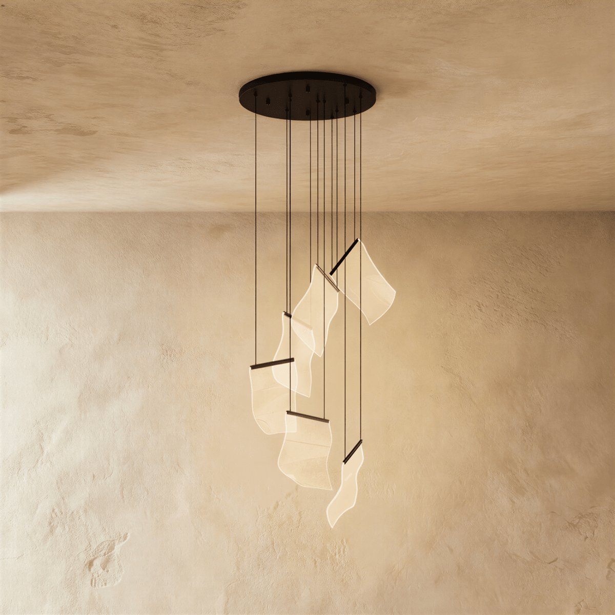 Modern Metal Round Ceiling Mount Chandelier Cascading Panels Side