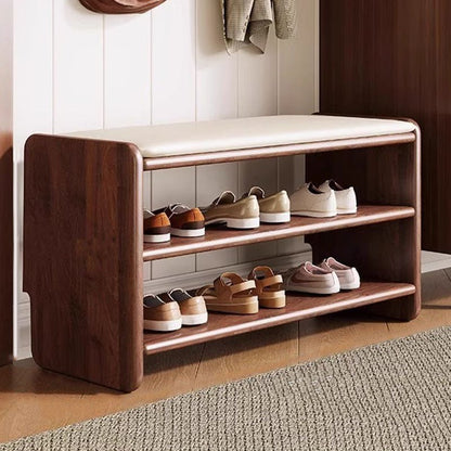 Modern Minimalist Solid Wood PU Leather Shoe Bench 2-Tier Front