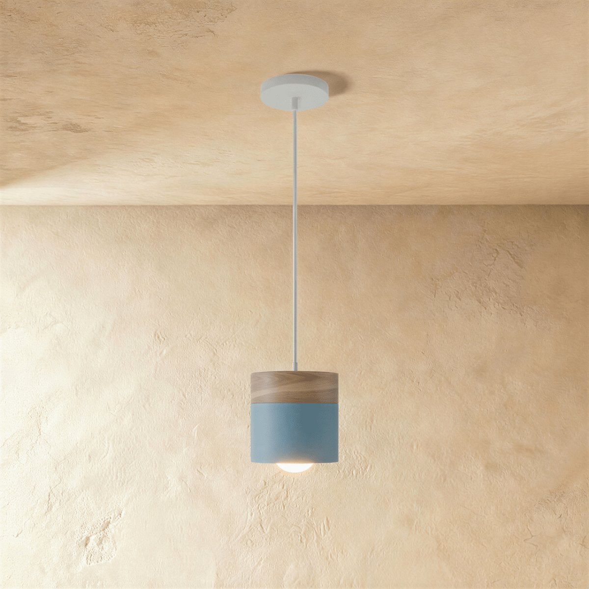 Modern Wood Metal Pendant Light Two Tier Cylinder Close Up