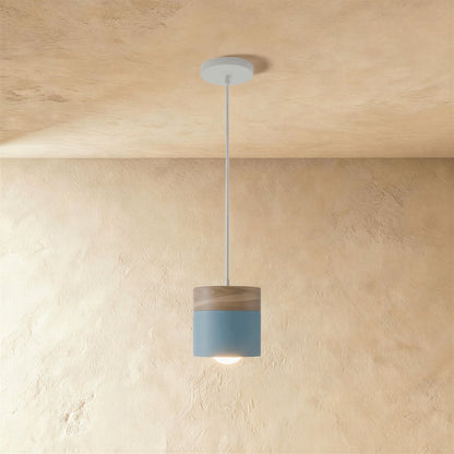 Modern Wood Metal Pendant Light Two Tier Cylinder Close Up