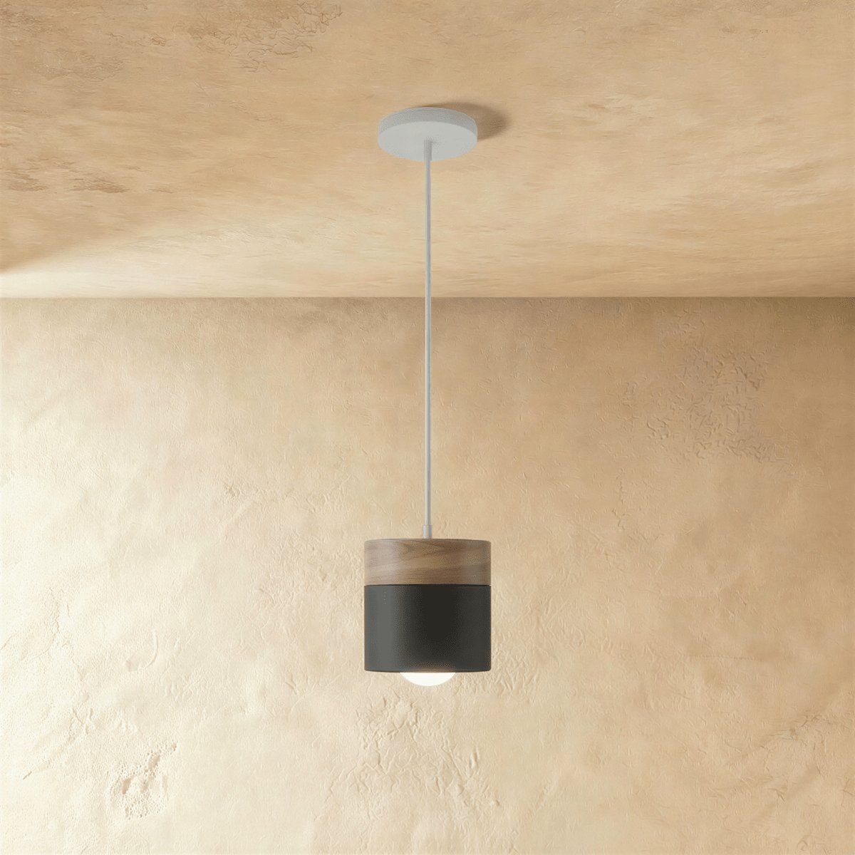 Modern Wood Metal Pendant Light Two Tier Cylinder Detail