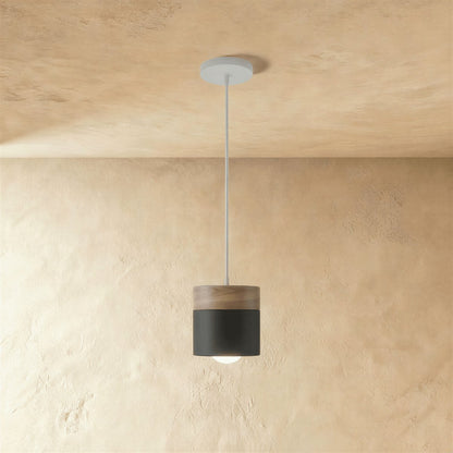 Modern Wood Metal Pendant Light Two Tier Cylinder Detail