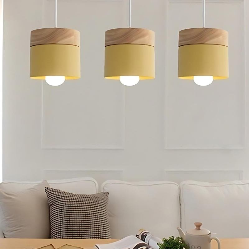 Modern Wood Metal Pendant Light Two Tier Cylinder View 11