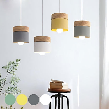 Modern Wood Metal Pendant Light Two Tier Cylinder View 12