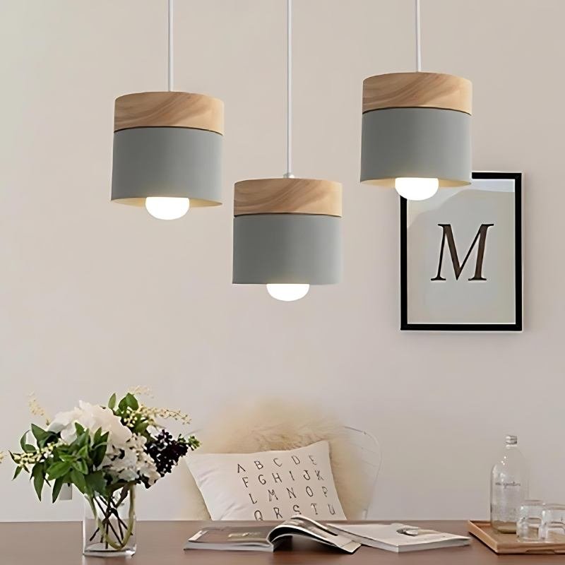 Modern Wood Metal Pendant Light Two Tier Cylinder View 13