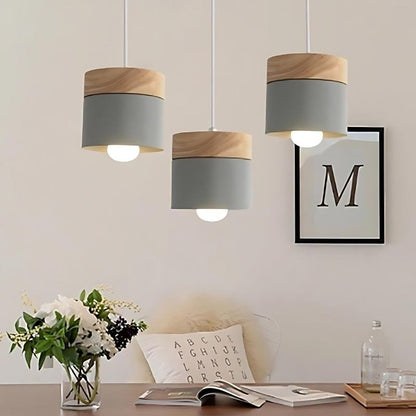 Modern Wood Metal Pendant Light Two Tier Cylinder View 13