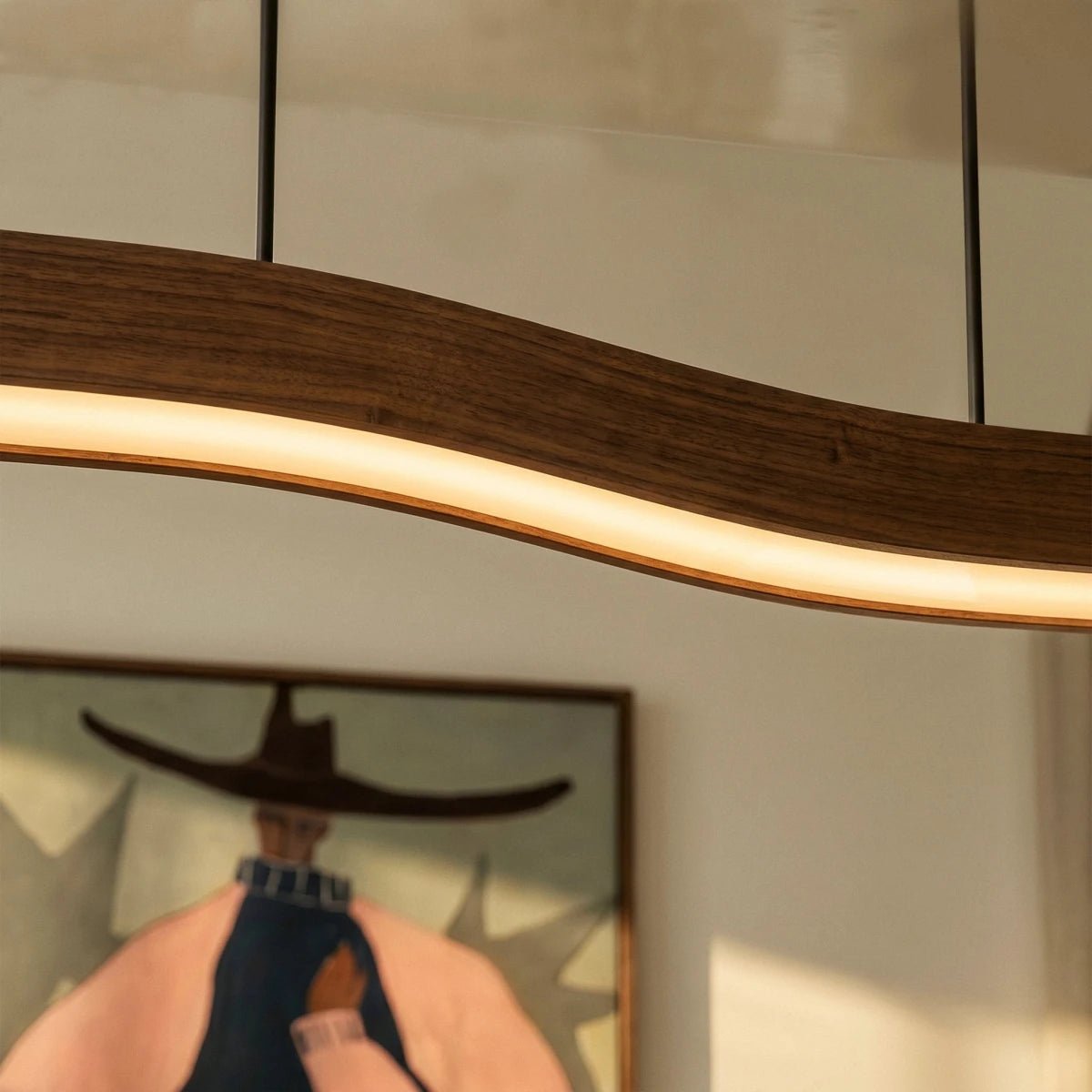 Modern Wood Pendant Light Wave Bar LED Close Up