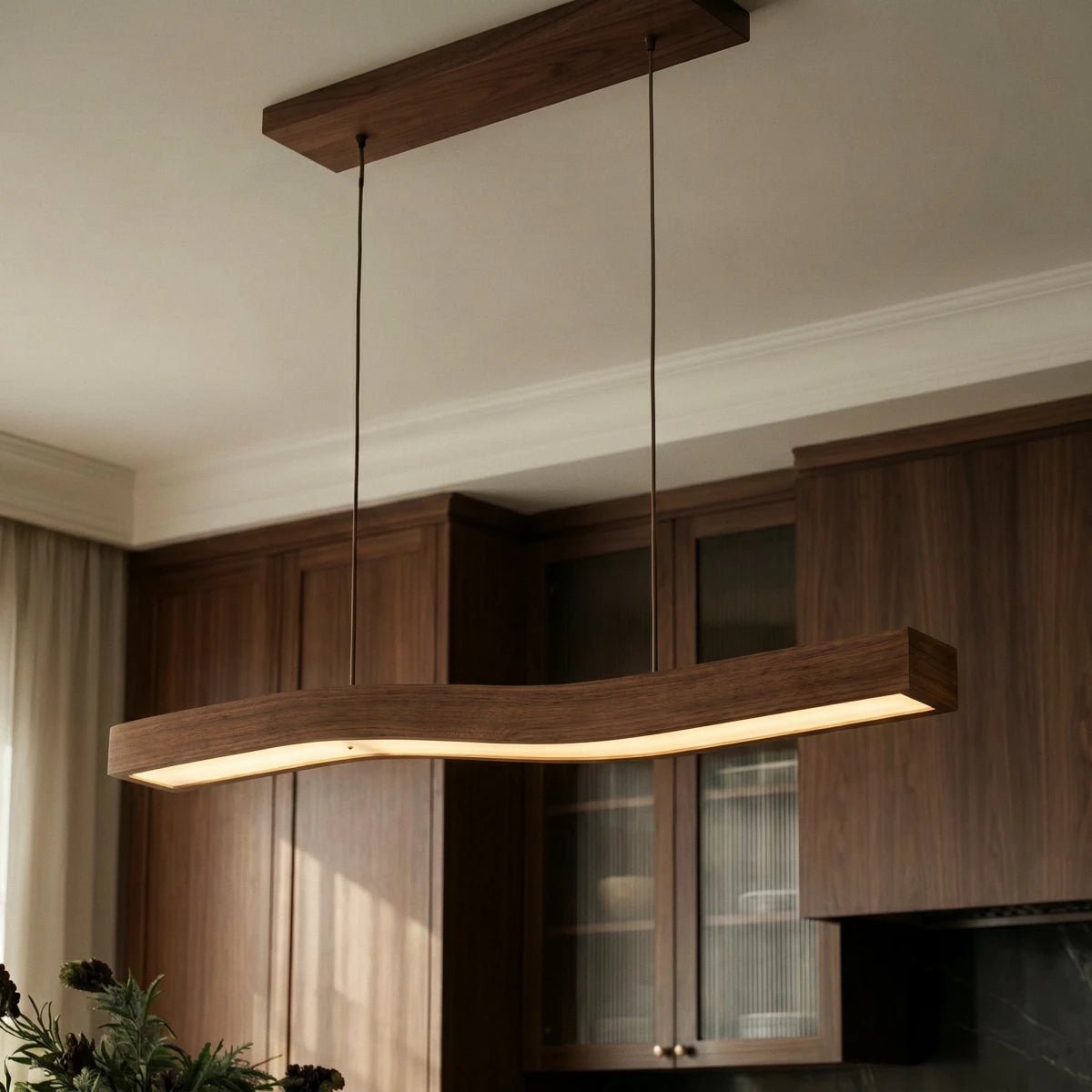 Modern Wood Pendant Light Wave Bar LED Side