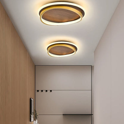 Nordic Minimalist Circular Walnut Grain LED Flush Mount Ceiling Light Detail