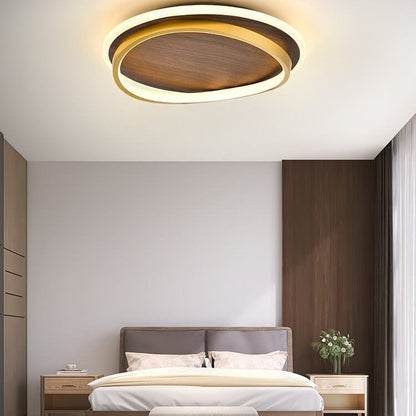 Nordic Minimalist Circular Walnut Grain LED Flush Mount Ceiling Light Front