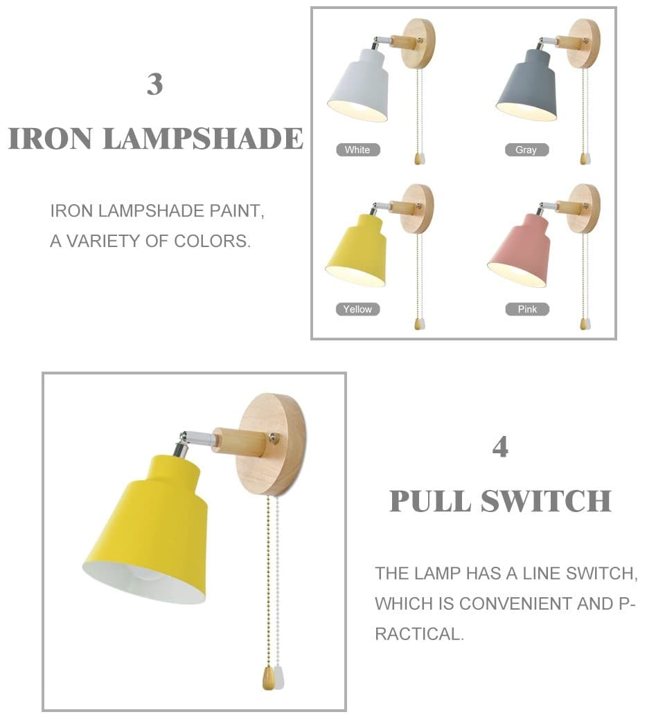 Adjustable Modern Wall Light with Pull Chain Switch | Modern Wooden Base Bedroom