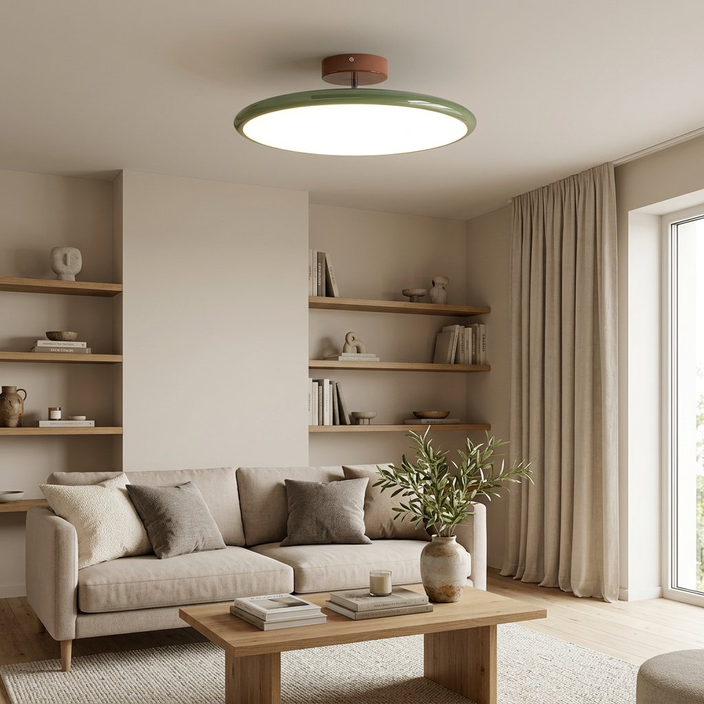 Retro Enameled Flush Mount Ceiling Light Terracotta Disc Angle