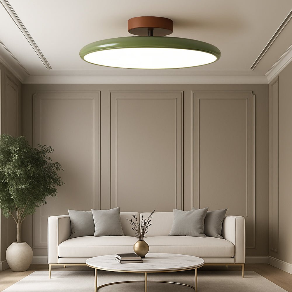 Retro Enameled Flush Mount Ceiling Light Terracotta Disc Close Up