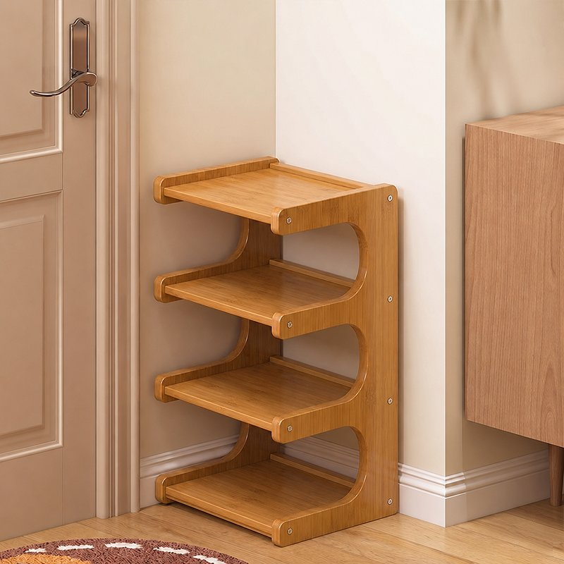 Scandinavian Bamboo Shoe Storage Shelf Curved S-Tier Hero