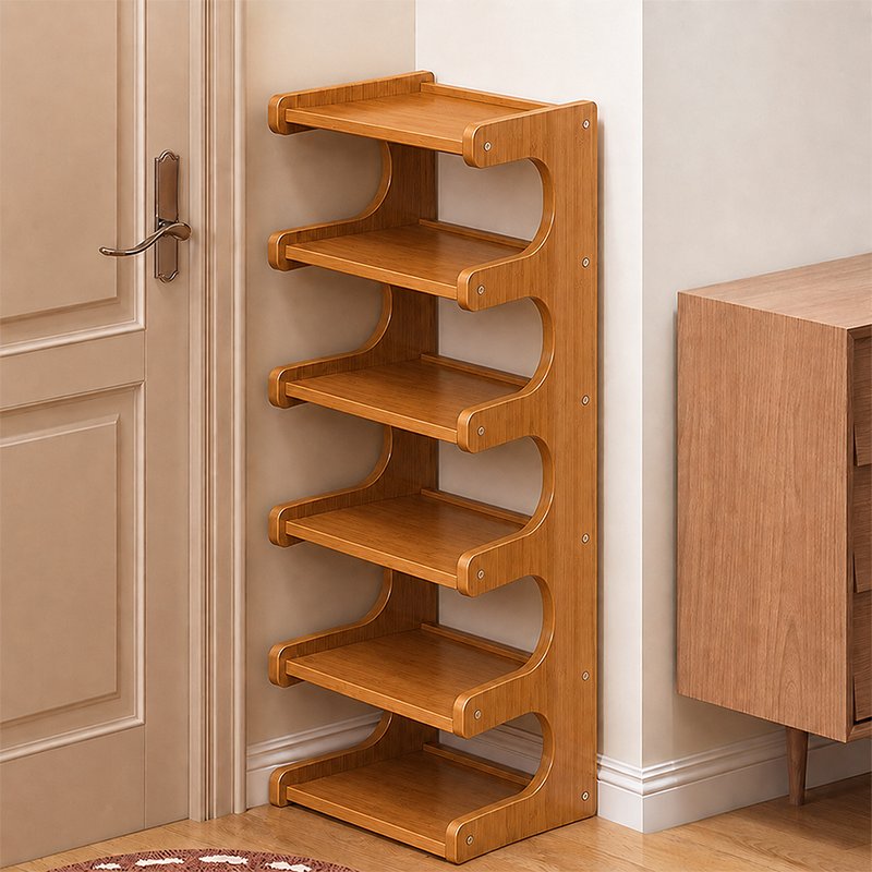 Scandinavian Bamboo Shoe Storage Shelf Curved S-Tier View 11
