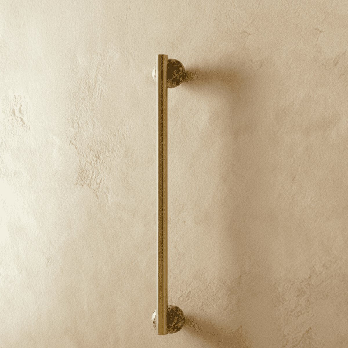 Scandinavian Marble Pull Bar Brass Sphere Tip Detail
