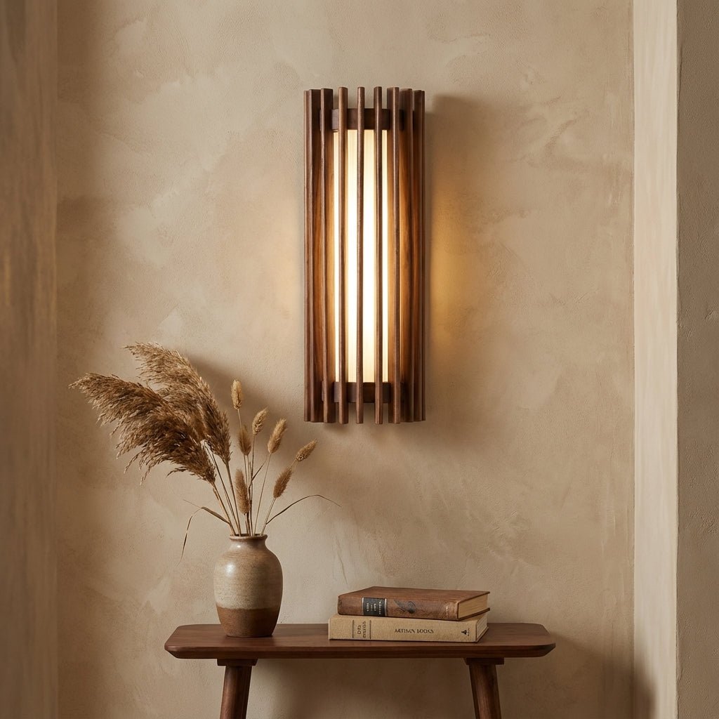 Scandinavian Walnut Wood Wall Lamp Slatted Sconce Hero