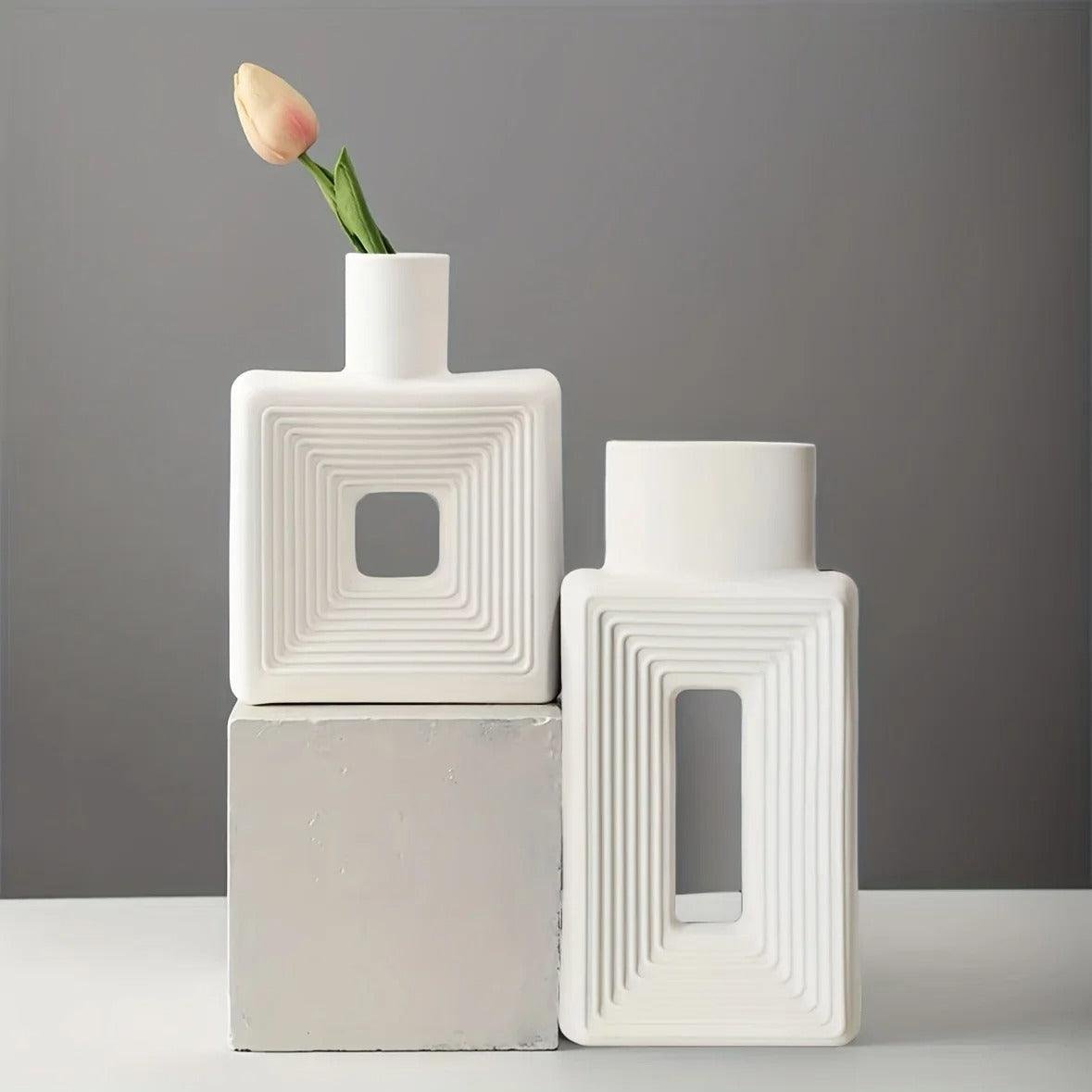 Sculptural Stoneware Donut Vase Square Relief Back
