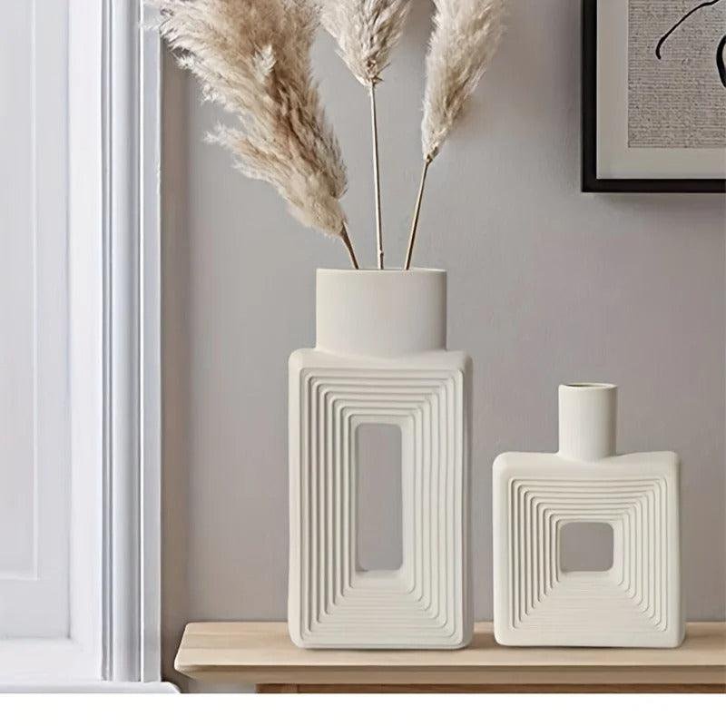 Sculptural Stoneware Donut Vase Square Relief Detail