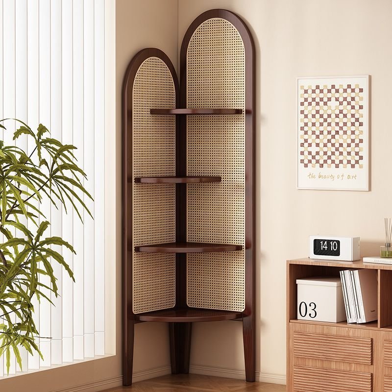 Traditional Bamboo Rattan Fan-Shaped Corner Shelf Arched Detail